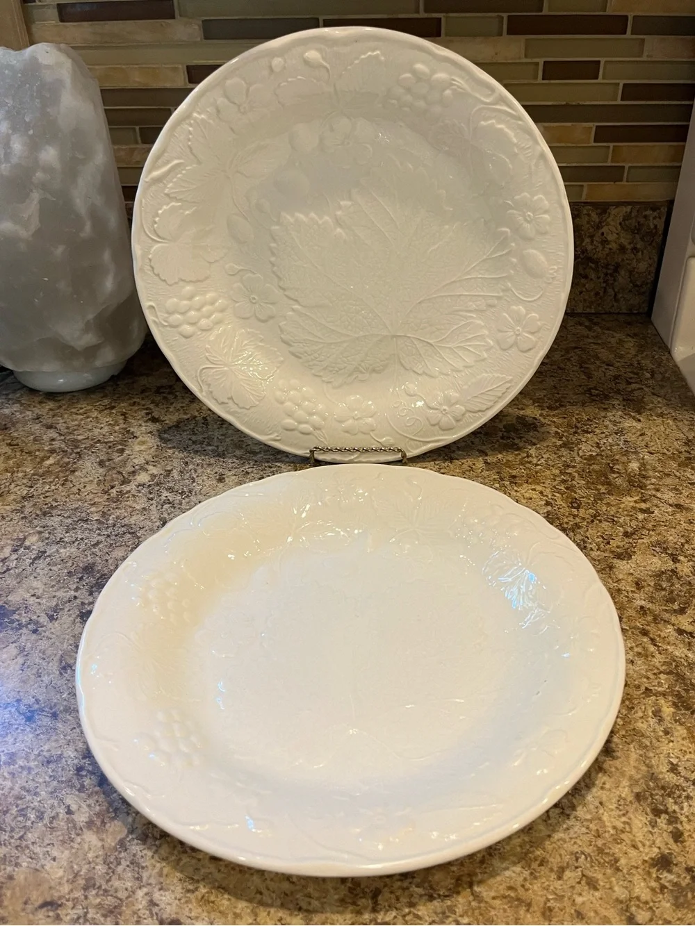 Burleigh Davenport dinner plates, White Embossed Leaf Pattern set of 2